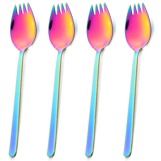 HJZHII 4 Pcs Stainless Steel Sporks, 7.5 Inches Long Handle Dessert Spoons Salad Forks Ice Cream Spoons Reusable Fruit Appetizer Dessert Forks Flatware Set for Household Camping