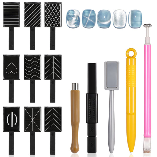 JIEYAO 14Pcs Nail Magnet Tool Set, Cat Eye Gel Nail Polish Magnet Pens Magnet Stick 3D Magnetic Double-Head Flower Design Nail Art for UV Gel Line Strip Multi-Function Magnet Board DIY Nail Art Tool
