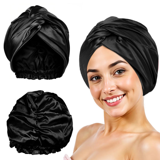 JIYIN Silk Satin Bonnet for Sleeping Women, Double Layer Soft Hair Bonnet Satin Hair Bonnet, Hair Bonnet for Sleeping for Curly Straight Hair Long Large Braid Unisex(Black)