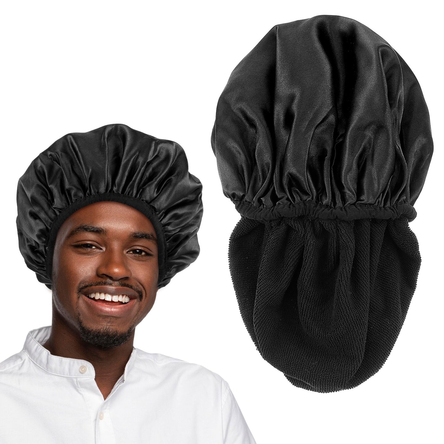 Yuanchu Adjustable Large Shower Cap for Men, Black Shower Caps for Women Reusable Waterproof Three-Layer Hair Cap Long Hair Locs Bonnet, Soft Towel Lining Middle Layer Water Insulation Exterior Gloss