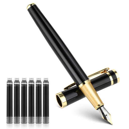 Andibro Luxury Metal Fountain Pen Set, 0.5mm Fine Nib Fountain Pen with 6 2.6mm Black Ink Cartridges Smooth Writing Pen Gift for Men Women Calligraphy Office Business Supplies ﻿