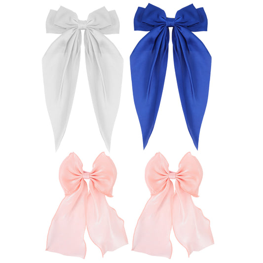 JJUNW 4Pcs Big Hair Bow, Satin Layered Bows Barrettes, Long Tail Bow Hairs Clips Cute Ponytail Hairs Accessories, French Hair Barrettes for Women Valentine's Day or Everyday Wear
