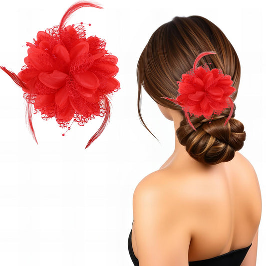 Giantree Rose Hair Clip, Flower Hair Clips for Women, Artificial Flower Brooch Hair Feathers Gothic Hair Accessories, Headwear for Halloween Christmas Valentines Easter Wedding Prom Party(Red)