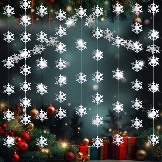 cobee 4Pcs Christmas Snowflake Garland Ornament, 4M Glitter Snowflake Hanging Christmas Tree Decorations with Silver Rope for Home Christmas Winter Holiday Party Window Door Decorations(Silver)