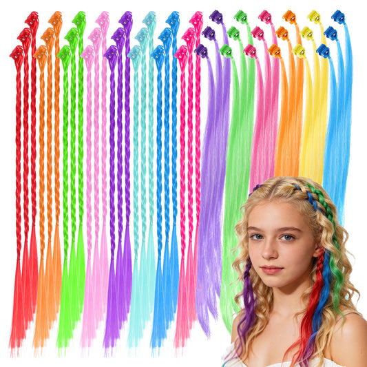 cobee 42Pcs Hair Extensions for Kids, Colored Hair Extensions for Kids, Hairs Accessories for Girls Braids Hairing Extension, Rainbow Hairs Clips for Kid Girls Ponytails Accessories