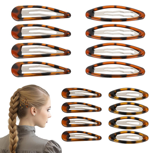 BOHUIZ 16 Pcs Snap Hair Clips, 4 Size Classic Tortoise Metal Hair Clips No Slip Oval Snap Hairs Clip for Women Girls Various Fine and Thick Hairs DIY Hairstyling Accessories