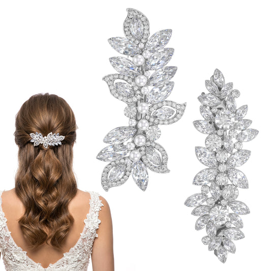 cobee 2PCS Rhinestone Hair Clips with Pearl Silver Bridal Hair Accessories