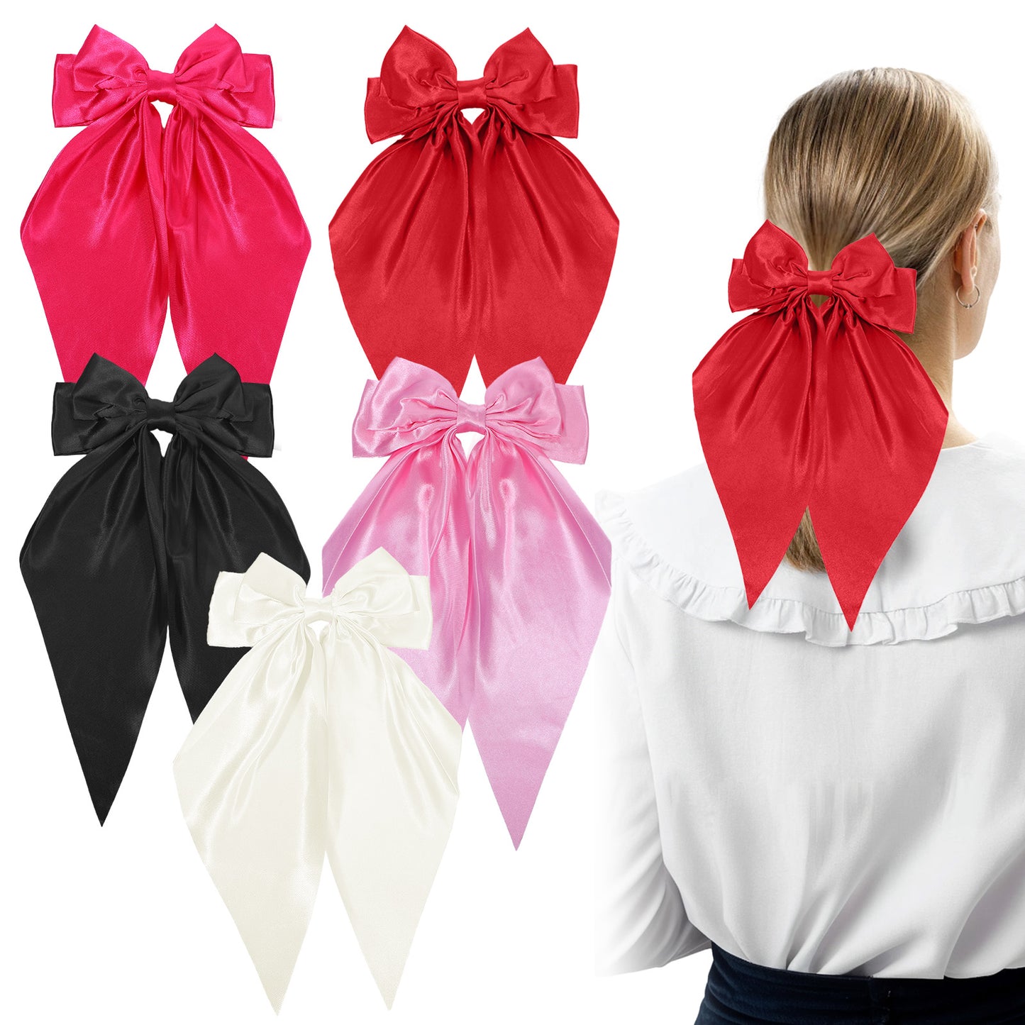 TIESOME 5Pcs Silky Satin Hair Bows for Women, Large Ribbon Bows Hair Clips Long Tail Hair Ribbon Accessories Coquette(Multicolor)