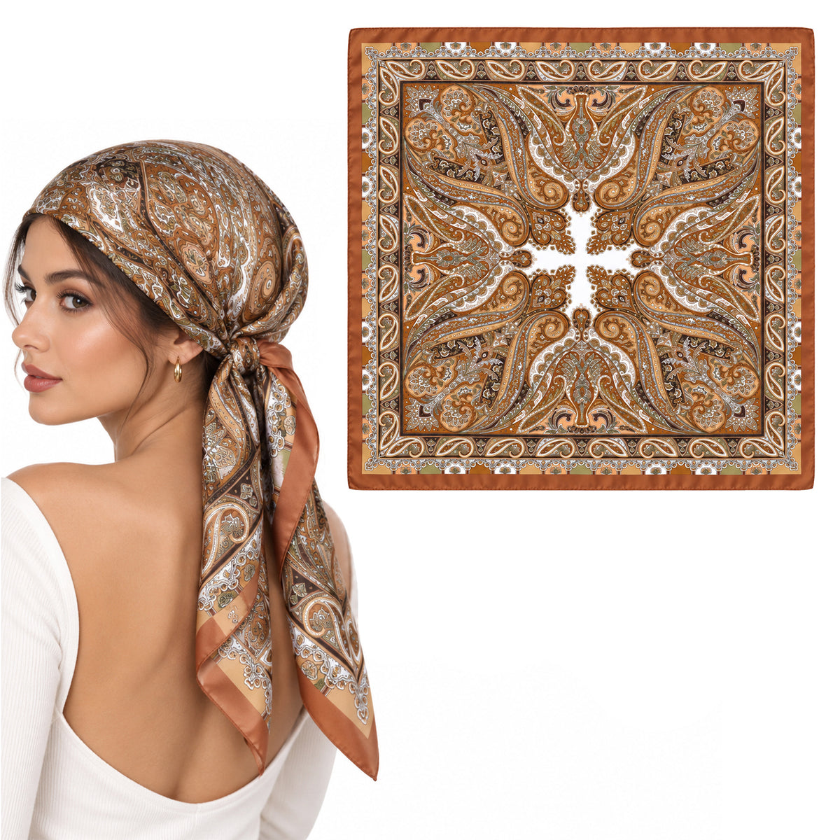 Cobee 1 Pc Satin Head Scarf For Women, 27.5 Inches Brown Bandana