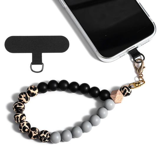 AOZUO Silicone Beaded Phone Wrist Strap, Marble Cellphone Lanyard with Tether Tab Elastic Hands-Free Phone Chain String Wristlet Bracelet Lanyard for Mobile Phone Car Keys ID Badges(Leopard Print)