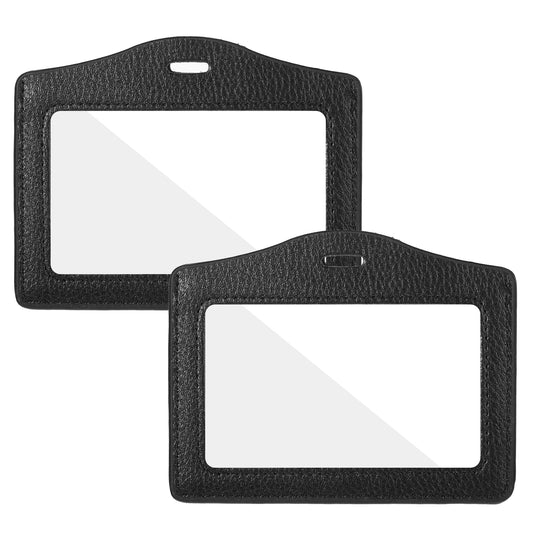 JIEYAO 2 Pcs Genuine Leather ID Badge Holder, Vertical ID Card Holders with Double-Side Clear Window, Waterproof Credit Card Protector Name Tag Holders for Teacher Nurse School Supplies(Horizontal)