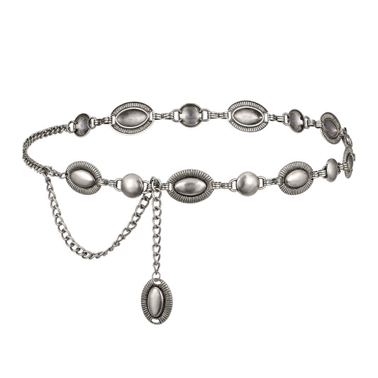 JIEYAO Women Western Concho Metal Chain Belts, Cowgirl Western Style Waist Belt Boho Waist Chian for Dress Jeans(Silver)