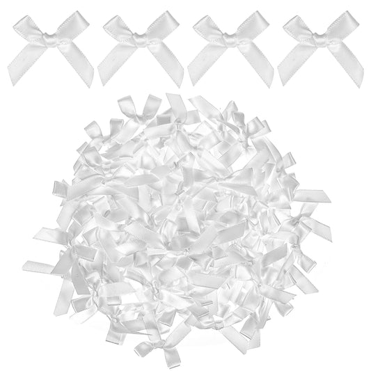 HJZHII 100 Pieces Tiny Bows, Mini Black Bows Satin Fabric Bow Gift Small Ribbon Bow DIY Wrapping Premade Bow for Treat Bags Cake Pops Candy Wedding Favors Bridal Shower Christmas Decor(White)