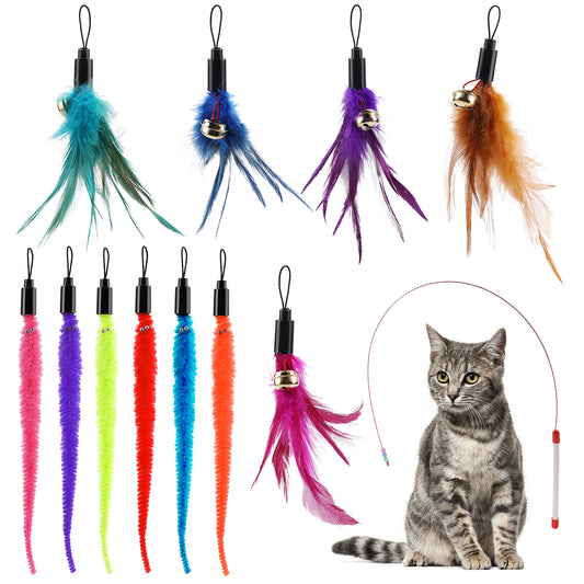HJZHII 12pcs Cat Toy Set, 5pcs Cat Replacement Feather Toys and 6pcs Refills Worm Cat Toy with 1pcs Retractable Cat Wand Attachments for Cat Kitten Exercise Training Indoor Interactive Catcher Chase J