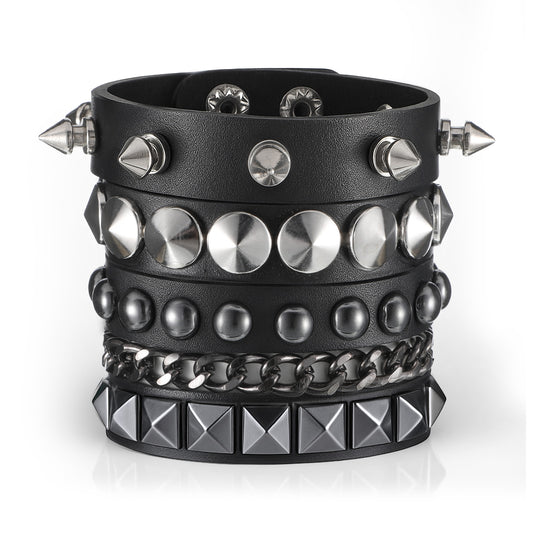 JIYIN 3 Pcs Punk Rock Studded Bracelets Set, Adjustable Leather Spiked Studded Bracelet Cuff Goth Bracelets, 80s Emo Bracelet for Men and Women Halloween Emo Accessories