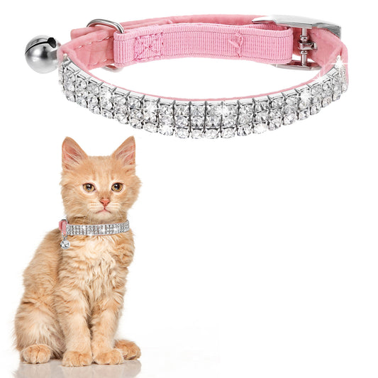 HJZHII Shiny Cat Collar for 7-11in Neck Circumference, Breakaway Soft Velvet Safe Cat Collar Bling Diamante Dog Collar Adjustable Cute Kitten Collar with Bell Cute Animal Accessories