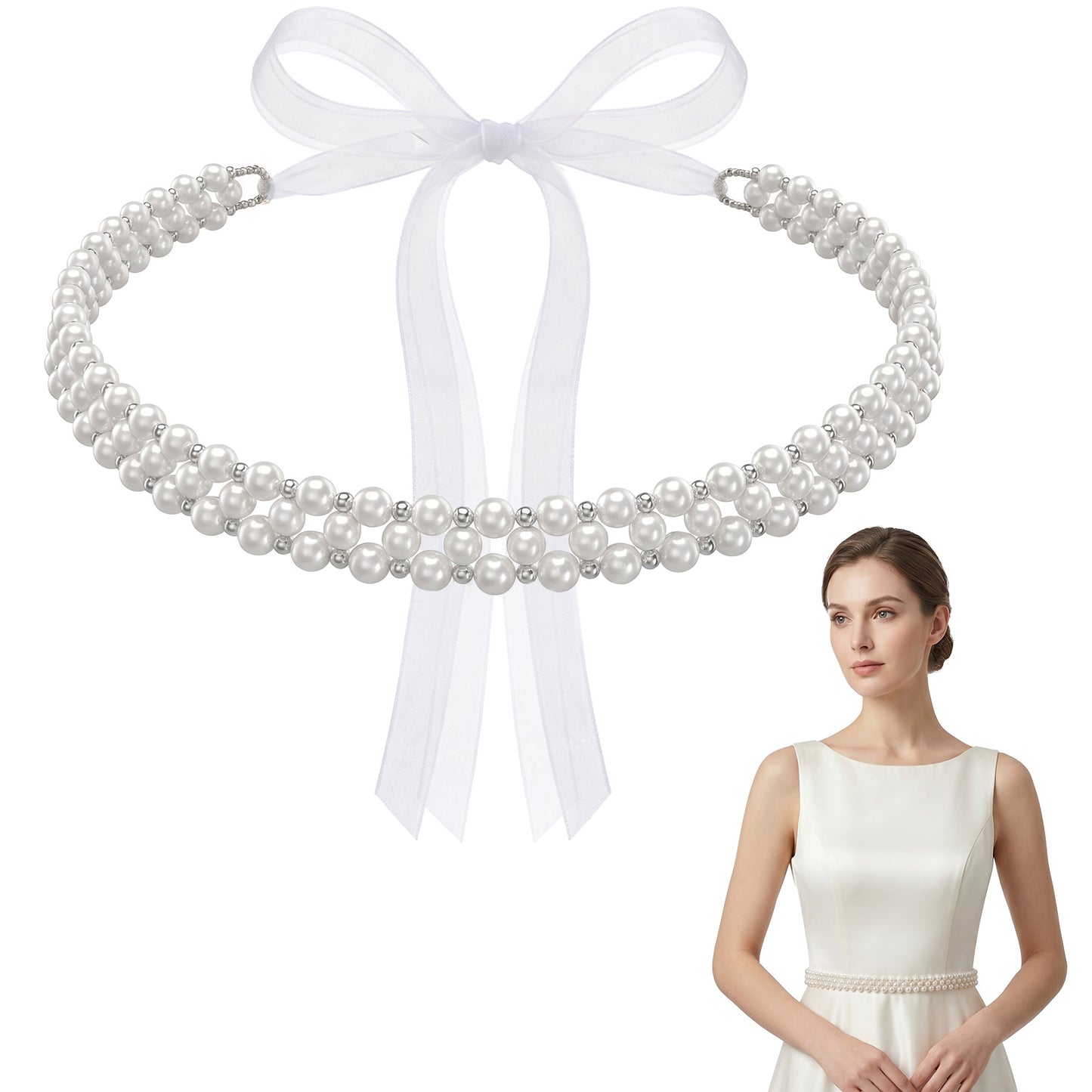 Cobee Bridal Belt, Beaded Wedding Pearl Belt for Dress Women Sash Belt Bride Flower Girl Bridesmaid Special Occasion Accessories (Pearl+Lace, White)