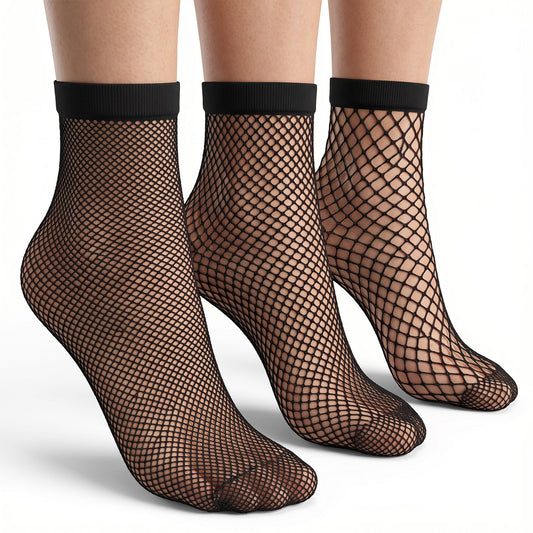 Andibro 6 Pairs Lace Ankle Socks for Women, Black Sheer Mesh Fishnet Thin Nylon Socks Sexy Lace Ruffle Frilly Design