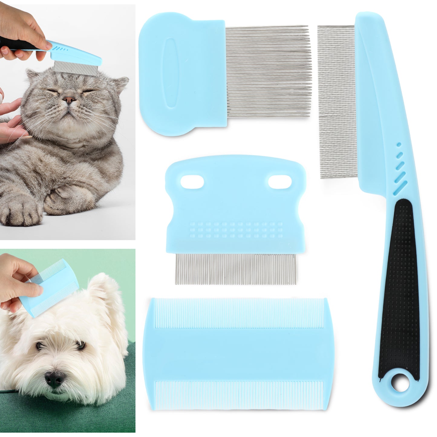 Molain Cat Dog Tear Stain Remover Comb Set, Pet Flea Lice Comb Grooming Comb Pet Hair Removal Tool Fur Comb for Puppy Kitten Multifunction (Light Blue)