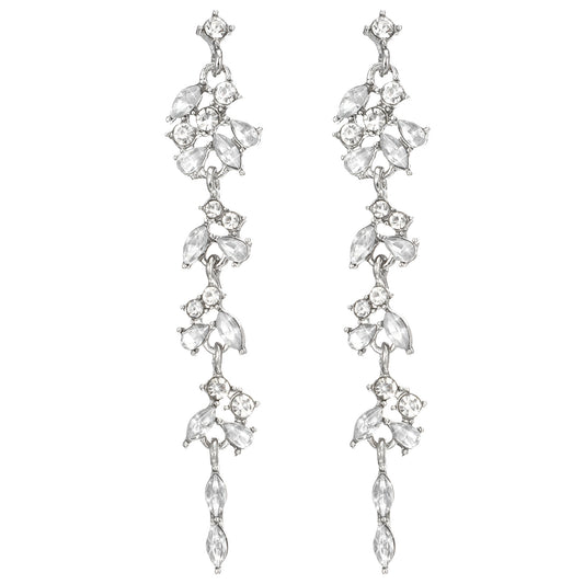 Molain Silver Diamond Dangle Earrings for Women, Long Chain Chandelier Drop Crystal Earrings Silver Dangly Earrings with Crystal Fringe Leaf Design for Wedding Bridal Earring