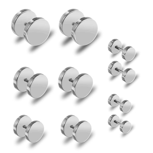 Giantree 6 Pairs of Black Stud Earrings for Men and Women, Faux Gauges Earrings, Hypoallergenic Earrings, 4-10mm Ear Tunnel Stainless Steel Dot Earrings for men and Women (Silver)