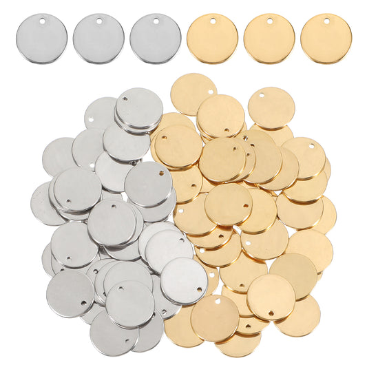 MBAIYO 80Pcs 304 Stainless Steel Charms, 15mm Flat Round Metal Stamping Blanks Gold Silver Ion Plating Metal Charms for Jewelry Making Bracelets Earrings Necklace