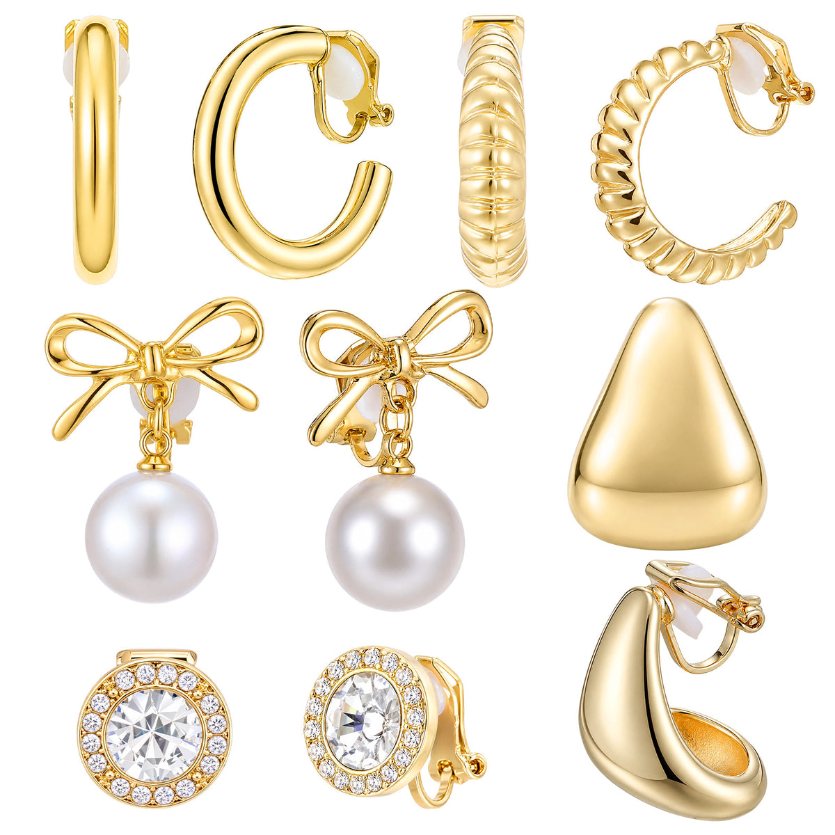 BOHUIZ 5 Pairs Gold Clip On Hoop Earrings for Women, Golden Clip on Earring