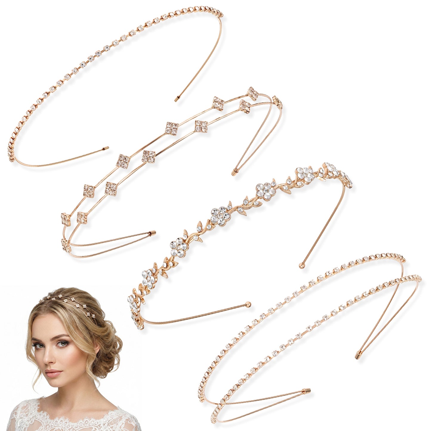 SHENLIU 4 Pcs Bridal Wedding Headband, Gold Rhinestone Headband for Women & Girls, Metal Tiara Hair Band With Crystal Flower Sparkly Diamond Crown, Prom, Bridesmaid, Bridal Shower Hair Accessories