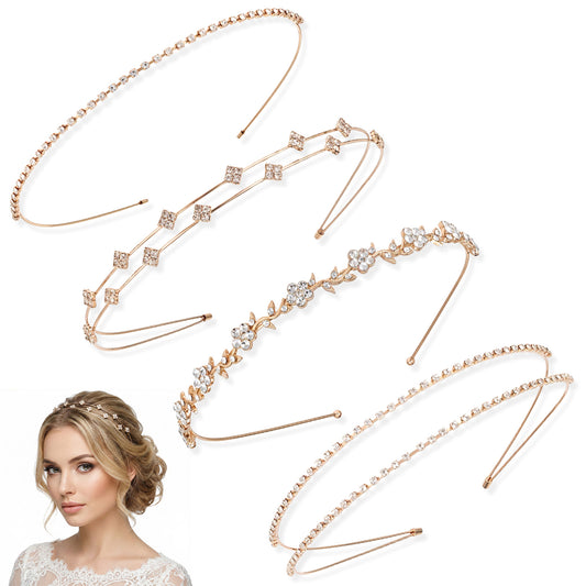 SHENLIU 4 Pcs Bridal Wedding Headband, Gold Rhinestone Headband for Women & Girls, Metal Tiara Hair Band With Crystal Flower Sparkly Diamond Crown, Prom, Bridesmaid, Bridal Shower Hair Accessories