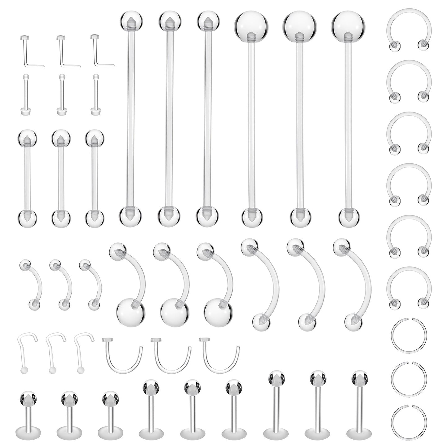 TIESOME 48 PCS Clear Piercing Retainers, 15 Styles Clear Earrings for Sports Work Surgery Acrylic Push Top Piercing Retainers Flat Back Plastic Stud Earrings for Women Men