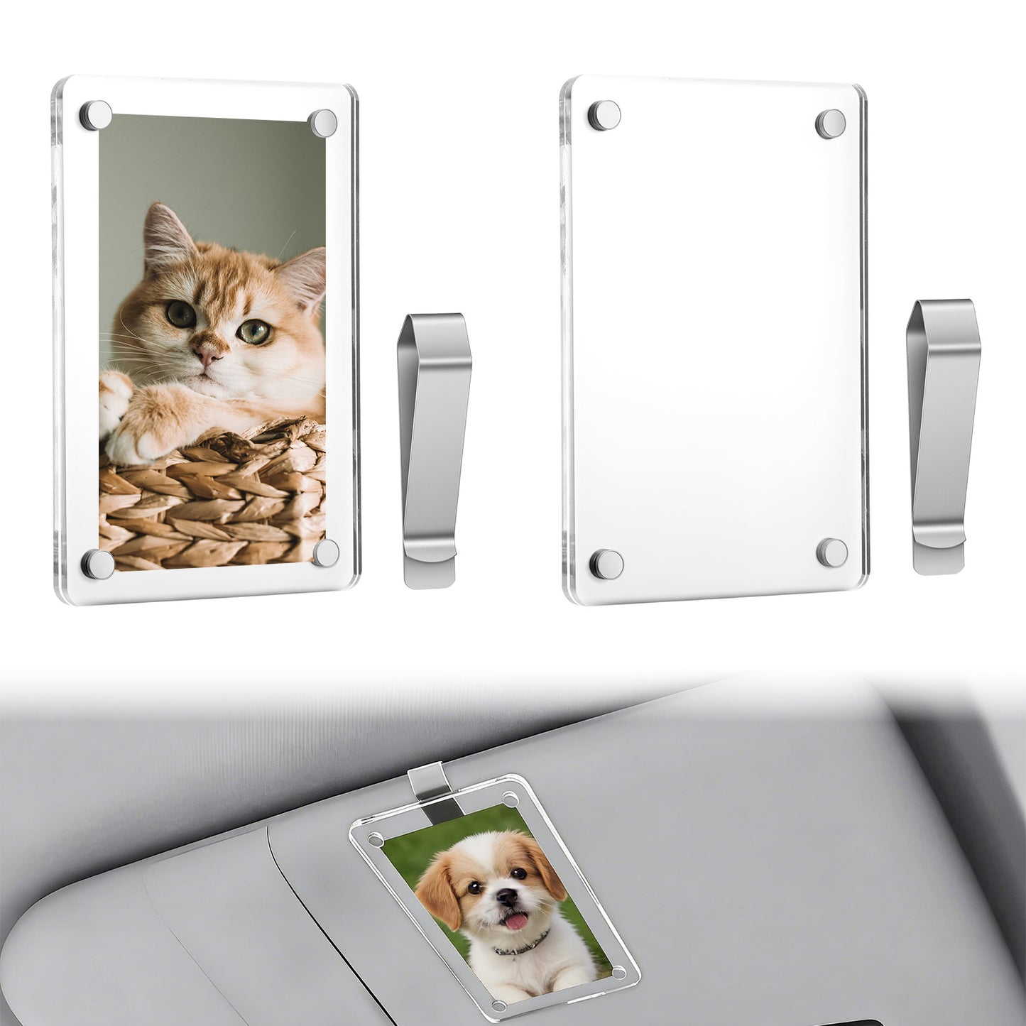 TIESOME 2 Pcs Acrylic Magnetic Photo Holder for Car Visor, Personalized Car Picture Frame Clip, Zinc Alloy Visor Clip for Polaroid & Photos (Clear)