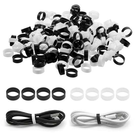 JJUNW 200 PCS Silicone Rubber Bands, 0.5 Inch Small Elastic Rubber Bandsb Mini Silicone Cable Ties Reusable Flat Cable Ties for Wire Cord Management Home Office School Organization (Black White)