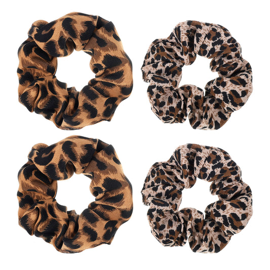 JJUNW Leopard Satin Scrunchies, Satin Silk Hair Scrunchies, Fashion No Crease Hair-Ties for Thin Thick-Hair Soft Hair Bands No Damage for Girls Ideal Gifts for Women (Set 4)