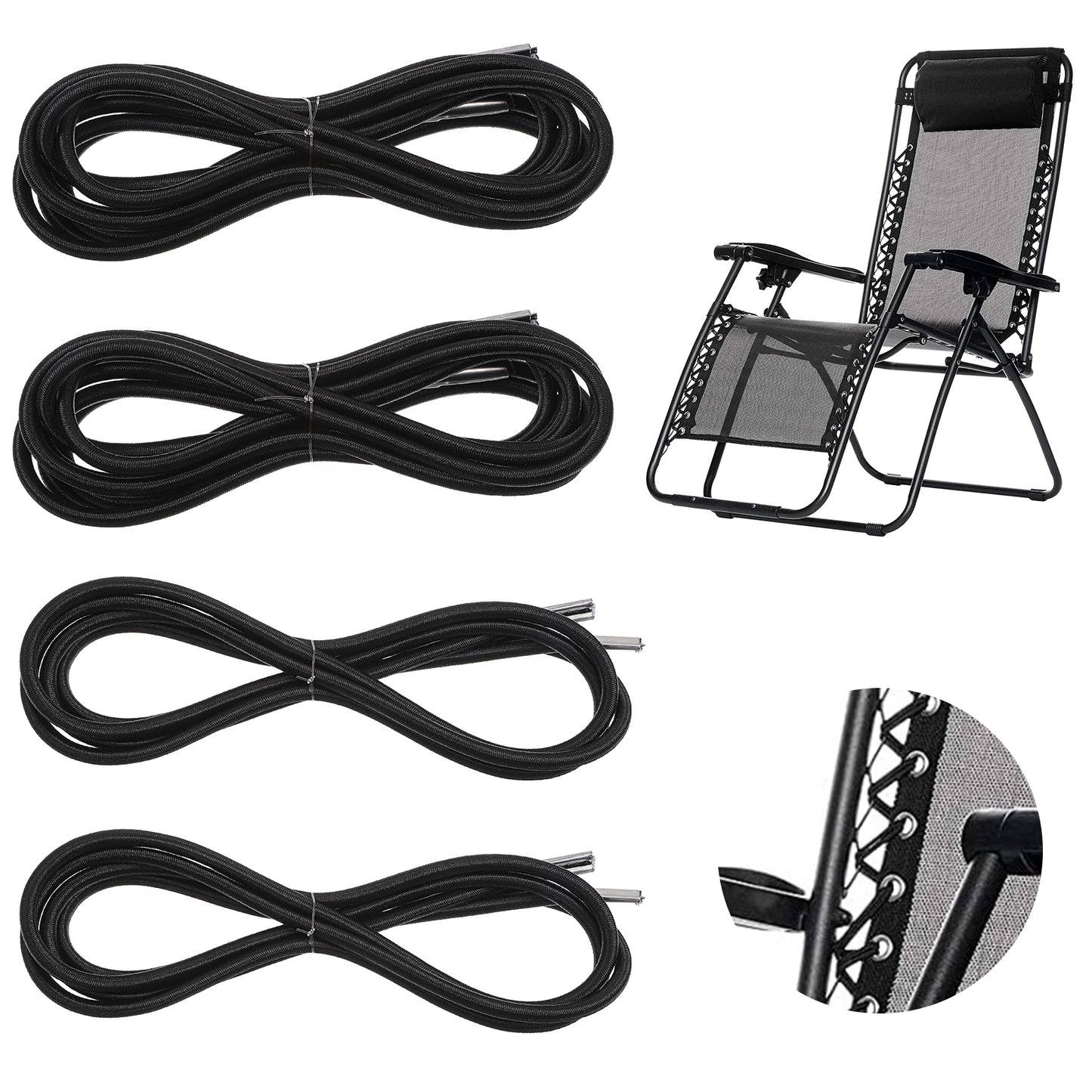HJZHII 4 Pcs Gravity Chair Cord Replacement, Laces Webbing Repair Cord Universal Elastic Repair Cords Nylon Stretch String Cords for Patio Recliner Chairs Beach Chair Lounge Outdoor String Chairs