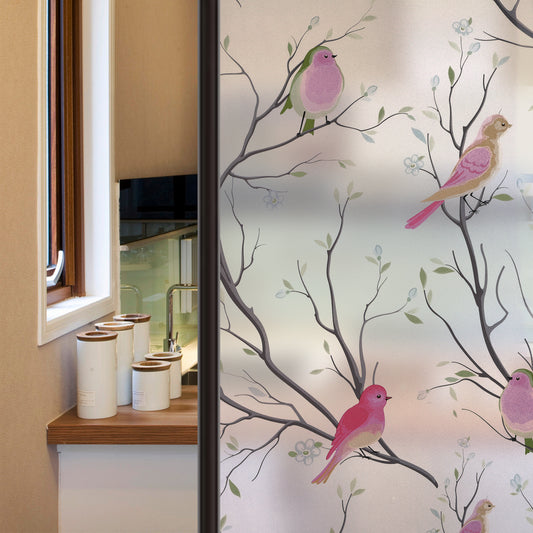Molain Frosted Tree Branches Birds Window Clings, Privacy Window Film Glass Opaque Sun Blocking Stickers, Static Cling Non-Adhesive, Door Glass Bathroom Office Fridge Decorations