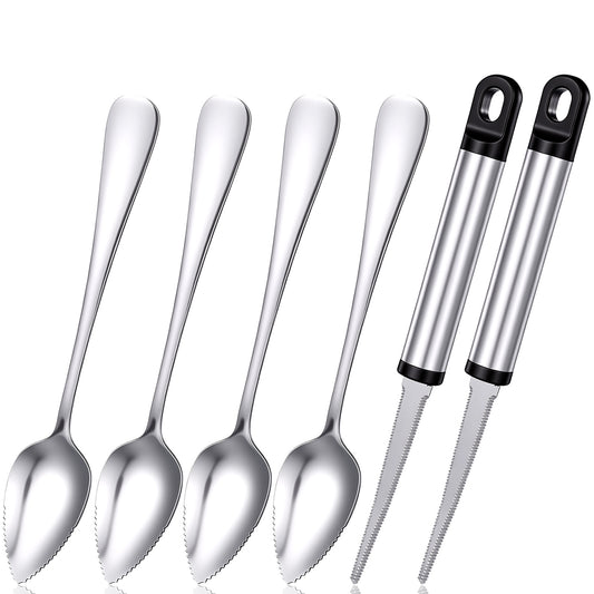 HJZHII 6 Pcs Grapefruit Spoon & Knife Set, Grapefruit Spoons Serrated Edge Knife Stainless Steel Fruit Knifes Dessert Spoon for Citrus Kiwi Orange Lemon Pitaya Avocado(Silver)