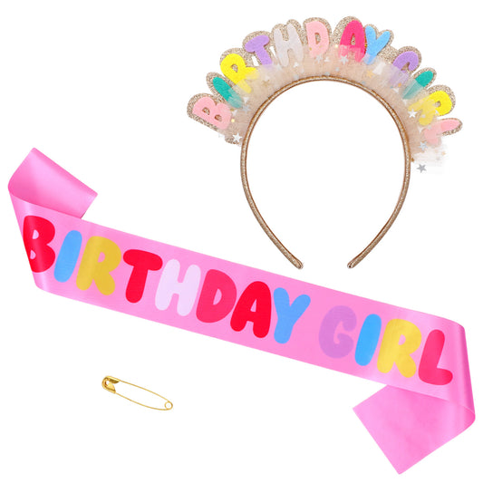 Cobee Birthday Girl Headband, Happy Birthday Headband Glitter Letter Crown Pink Tulle Ruffle Tiara Lightweight Party Sash for Women Photoshoot Celebration