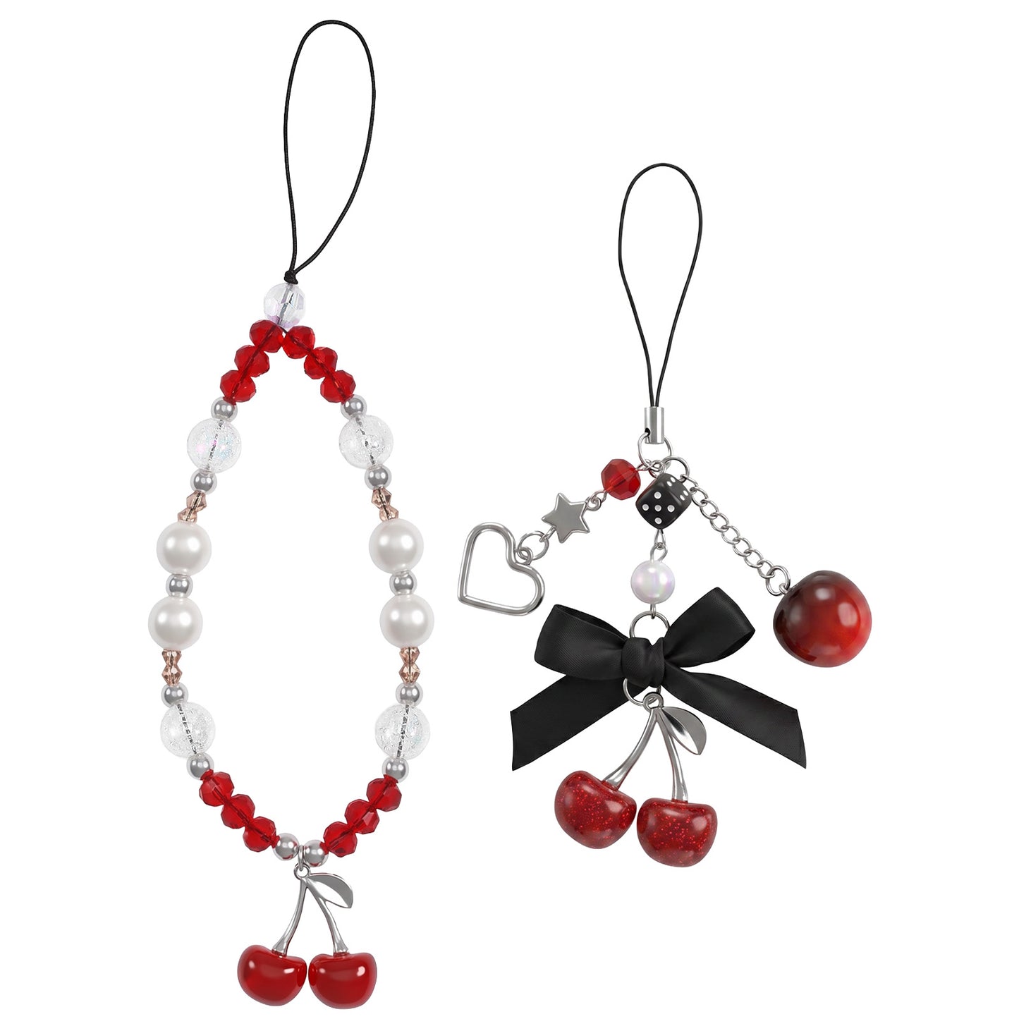 SULIKJHUI 2 Pcs Cherry Phone Charm Strap, Red Phone Charm Wrist Beaded Chain, Cute Camera Wrist Strap for Phones, Bags Case Decor