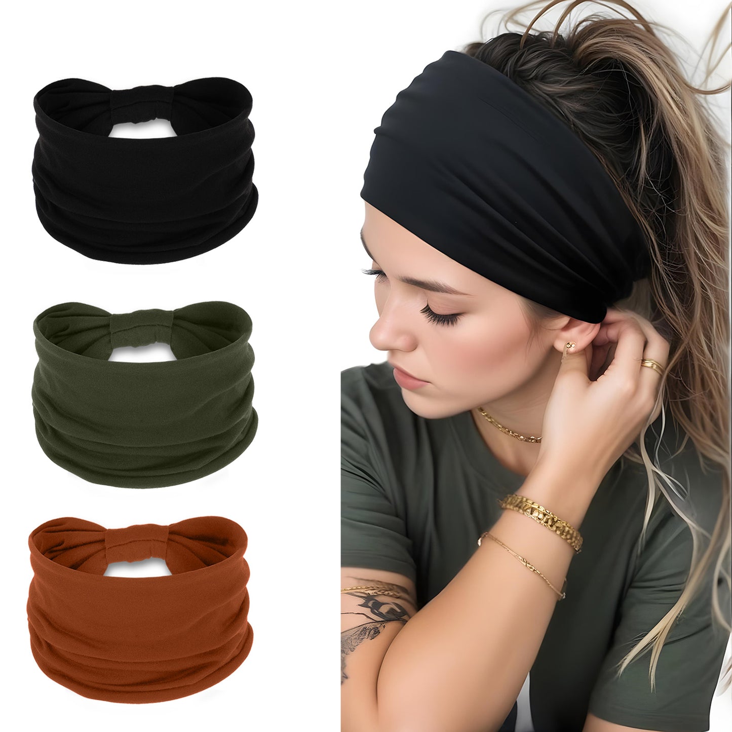 XLIUAX 3 Pcs Wide Headbands for Women, Thick Large Head Bands, Soft Ladies Boho Bandanas, Elastic Non-Slip Stretchy Sweat Hair Bands for Yoga Sports