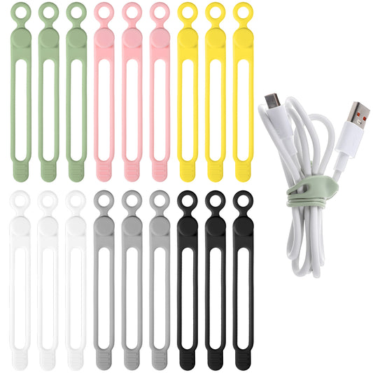 JJUNW 18Pcs Silicone Cable Ties, Reusable Cable Ties Wire Organizer, Multipurpose Elastic Cord Organizer for Bundling Earphone, Phone Charger, Computer Cords(6 Colors)
