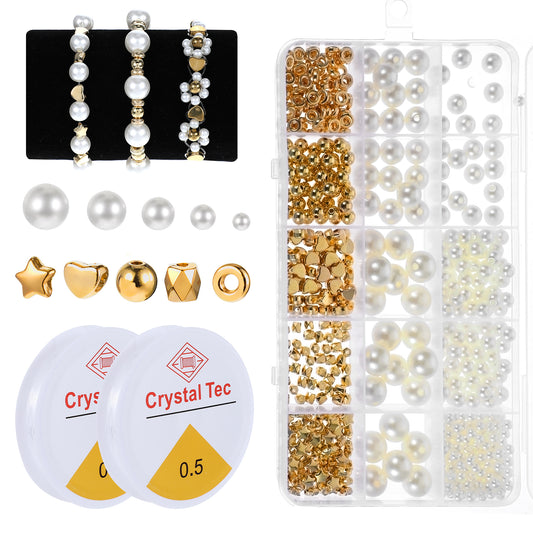 JIYIN 720Pcs Pearl Beads for Bracelets, Pearl Beads for DIY Jewelry Making Gold Spacer Beads and Pearl Beads Make Yourself Pearl Filler Beads with Hole Jewelry Making Kits for Adults Women