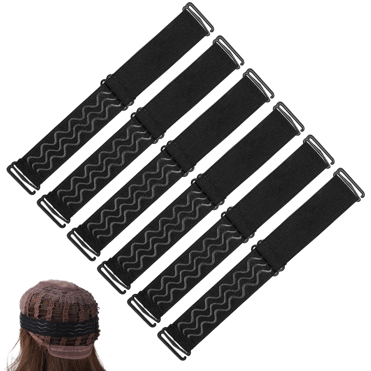 SULIKJHUI 6 Pcs Adjustable Wig Band, Non-Slip Silicone Wigs Strap, Wig Strap to Secure Wigs, Elastic Band for Secure Hold (Black)
