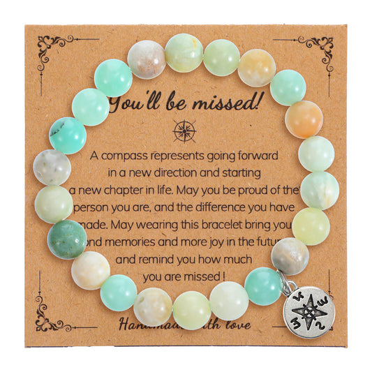 HJZHII Going Away Gifts, Natural Stone Compass Bracelet Retirement Gift Goodbye Going Away Moving Gift Healing Bracelet Inspirational Gifts for Men Women Coworker Friends Farewell Retirement