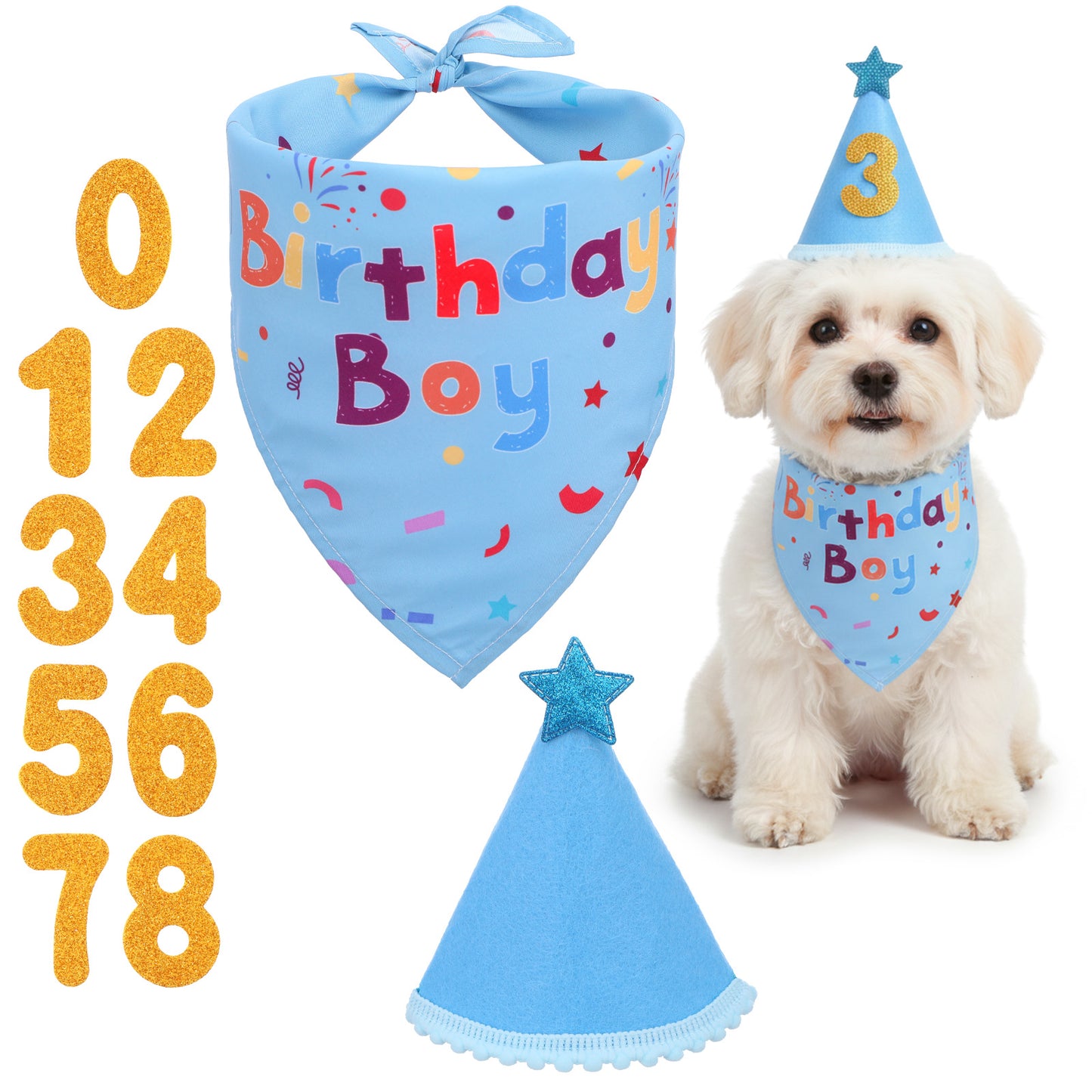 DOPENSPI Dog Birthday Bandana Hat Set, Polyester Triangle Scarf Adjustable Party Hat with Gold Numbers Birthday Party Supplies for Pet Birthdays Outfit Celebration(Pink)