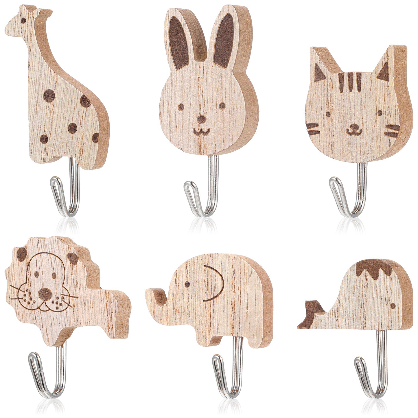 TIESOME 6 Pcs Wooden Hooks, Self-Adhesive Cartoon Animal Wall Hooks, Cute Wood Coat Hangers for Kids Room Nursery Baby Bedroom Decor, Cats Rabbits Giraffes Lions Elephant