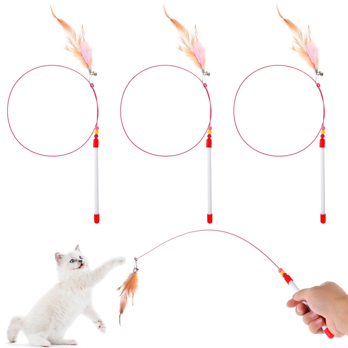 Jeffdad 4 Pcs Interactive Cat Feather Toys Kitten Chaser Teaser Wire Wand