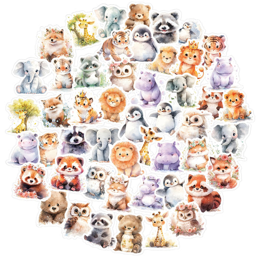 AOZUO 50 Pcs Cute Animal Stickers, Watercolor Safari Stickers Realistic Animal Stickers Funny Waterproof Wild Animal Decals Cartoon Jungle Wall Stickers for Water Bottle Scrapbook Laptop