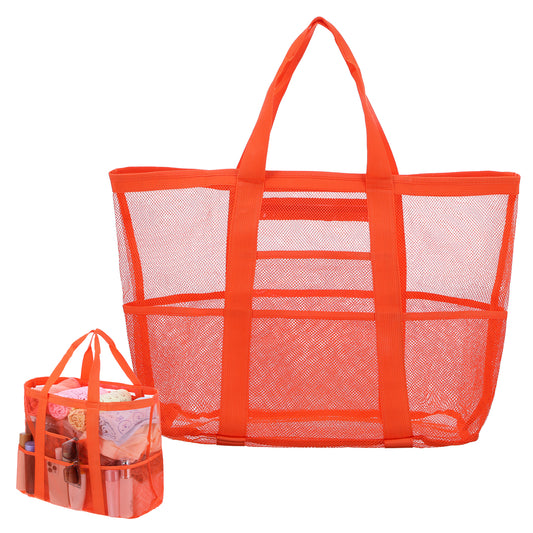 HJZHII Large Mesh Beach Bag, Travel Tote Bag with 9 Pockets Foldable Pool Bag for Women Vacation Beach Accessories(Orange)
