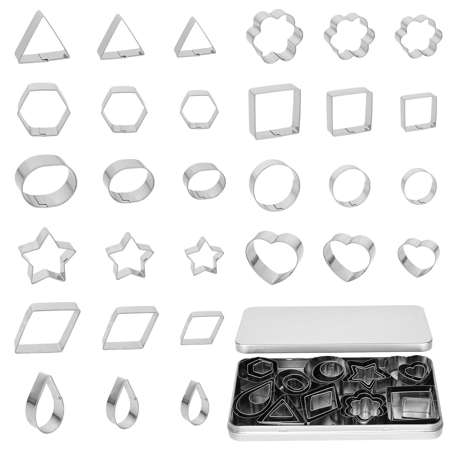 Giantree 30Pcs Mini Cookie Cutter Set with Box, Metal Cookie Cutters, Baking Set, Small Heart Star Flower Round Square Hexagon Oval Diamond Shapes Stainless Steel Veggie Cutters for Biscuit Fruit(30)
