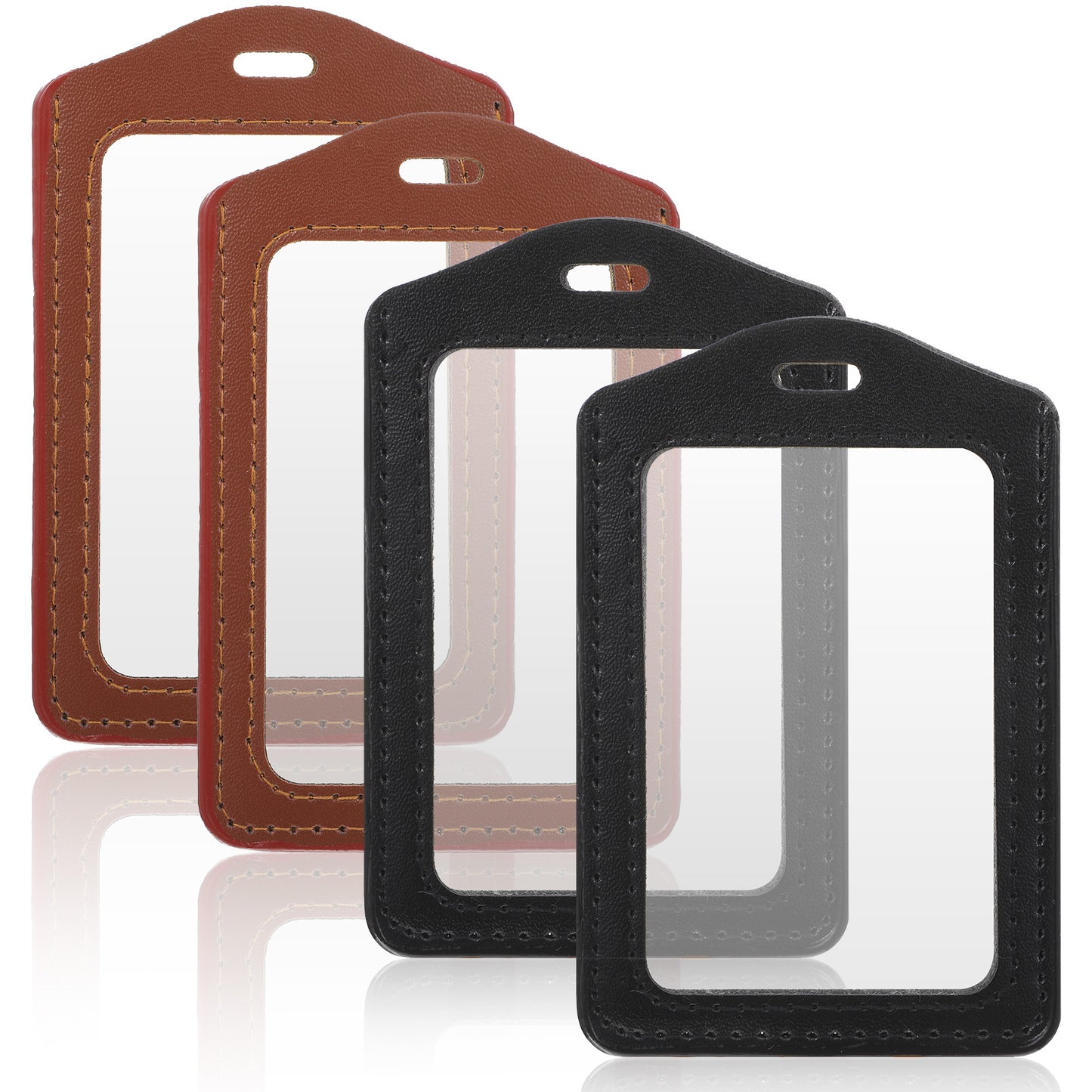 Yuanchu 4 Pcs Leather ID Badge Holders, Vertical Double-Sided Clear Card Holders Waterproof Name Badge Reel for Office Staff Employees ID Credit Cards(Black, Brown)